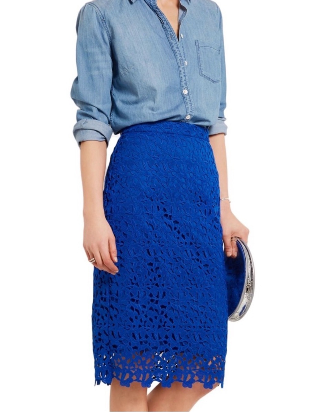 J.CREW COLLECTION Liola Guipure Lace Overlay Pencil Skirt in Electric Blue E9754 - Picture 2 of 10